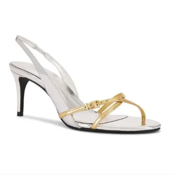 Schutz Cassie Mid Stiletto Heel Sling Back Sandal Silver & Gold Metallic - Picture 1 of 6